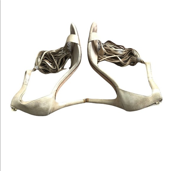 JIMMY CHOO Viola 110 Tan Suede Crystal Tassel High Heeled Sandals Size EU 37.5 - Picture 8 of 15